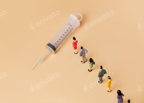 Preview: line of little figures to the syringe for vaccinations, a metaphor