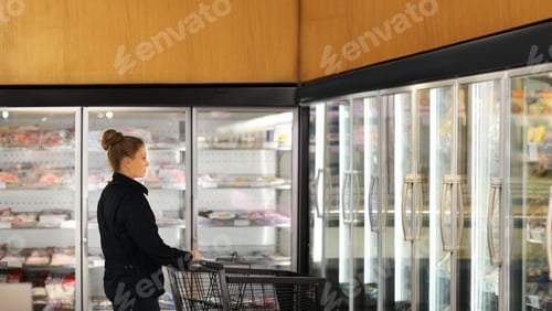 Preview: Woman Choosing Frozen Food From A Supermarket Freezer