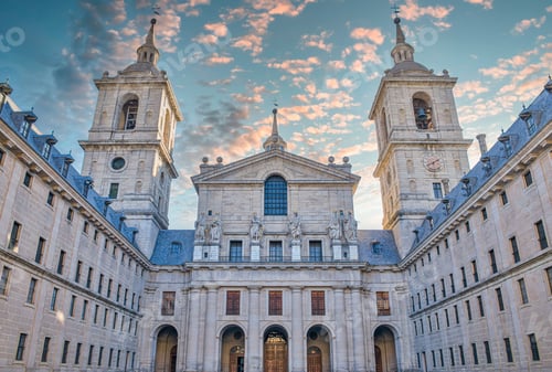 Preview: Towers and main facade of the basilica within the complex of the Royal Monastery in Spain