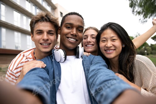 Preview: Happy carefree group of friends taking a selfie laughing.Multiracial young relaxed people having fun