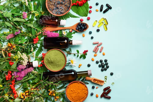 Preview: Alternative medicine. Holistic approach. Healing herbs and flowers over blue background. Top view