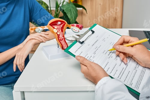 Preview: Gynecology, consultation of gynecologist. Adult woman while visit to gynecologist at medical clinic