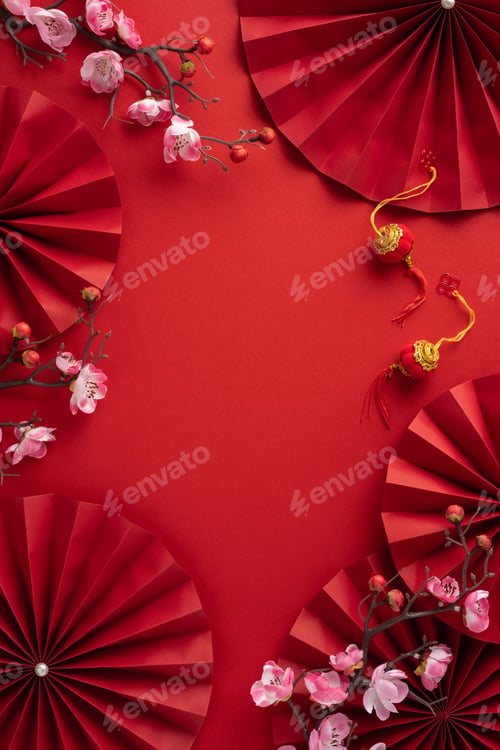 Preview: Vibrant vertical red fans and pink cherry blossoms create a festive Chinese New Year background