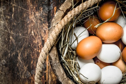 Preview: Fresh chicken eggs in an old wooden bucket.