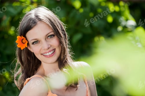Preview: Germany, Bavaria, Woman with flower in hair