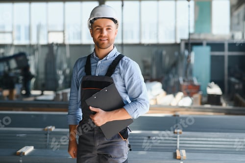 Preview: Male factory mechanics or Engineer in safety uniforms are working on metal drilling machines