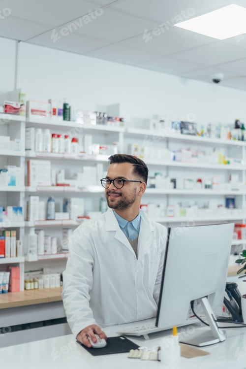 Preview: Portrait of a handsome pharmacist working in a pharmacy