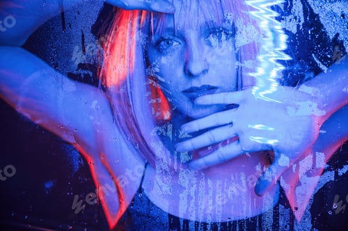 Preview: Futuristic style. Stylish woman with white hair is behind wet transparent plastic sheet