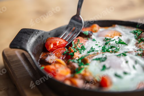 Preview: Close-up of traditional shakshuka in a frying pan.