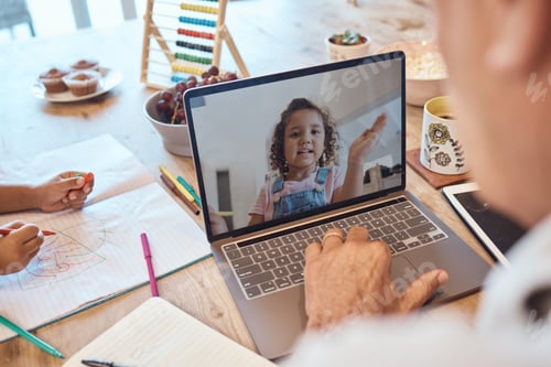 Preview: elearning, video call and computer communication of child and teacher talking for online education.