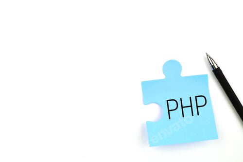 Preview: Blue puzzle sticker with inscription PHP and pen on a white background. Minimalism.