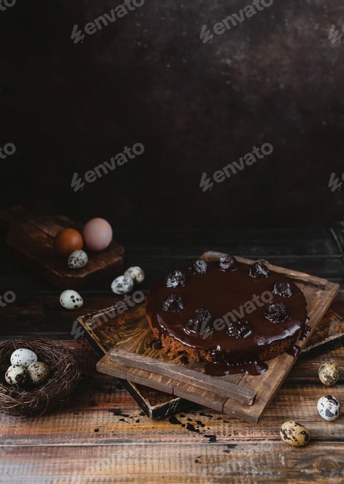 Preview: Chicken and quail eggs with chocolate cake on rustic wooden table