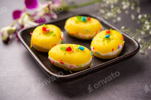 Preview: Malai Chop or Cream sandwich made using filling Rasgulla or Gulab jamun sweet is a Bengali sweet