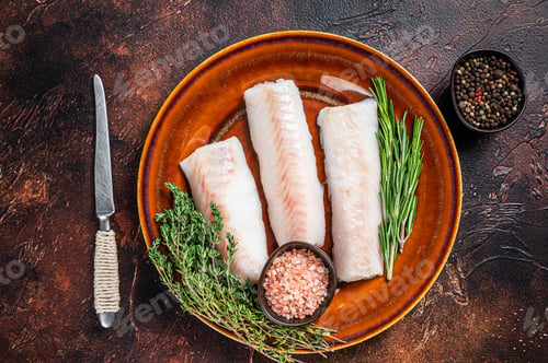 Preview: Raw cod loin fillet steaks on rustic plate with thyme and salt. Dark background. Top view