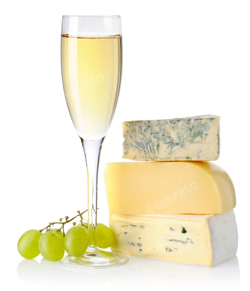 Preview: Cheese Stack with Grapes and Wine on White