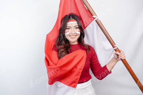Preview: Woman Smiling Holding Red and White Flag