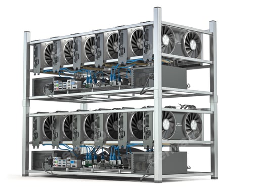 Preview: Mining farm from graphics cards GPU standing in a row isolated on white .