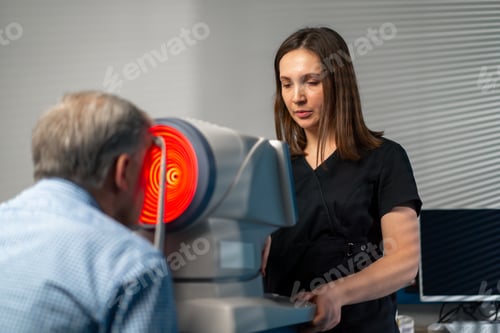 Preview: in an ophthalmology clinic a female doctor performs a diagnosis using a device with a red light