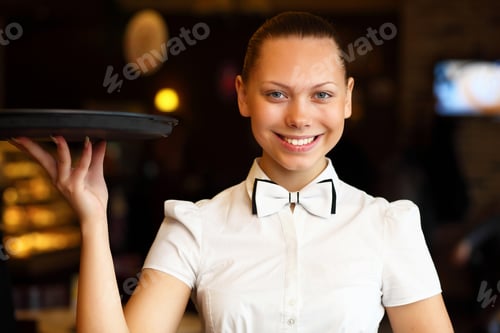 Preview: Portrait Of Young Waitress In White Blouse Holding A Tray