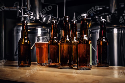 Preview: Bottles and glass of craft beer on wooden bar counter at the indie brewery.