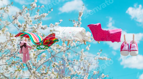 Preview: Baby clothes are drying on the street. Selective focus.