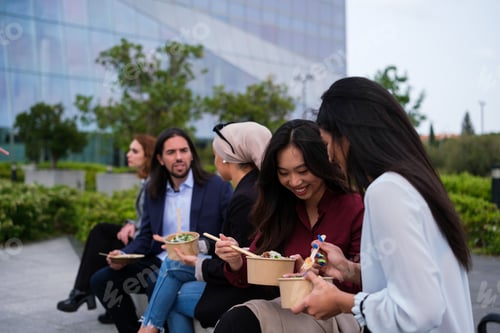 Preview: set of coworkers taking a break in business district