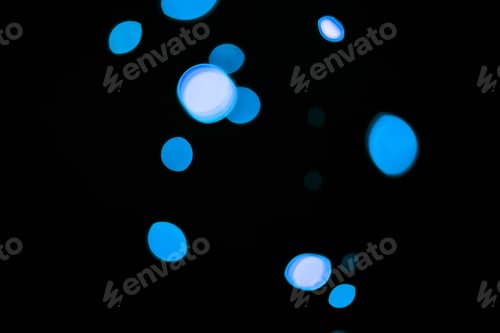 Preview: Bokeh, blue particles and dots on dark background with pattern, texture and mockup with cosmic aest