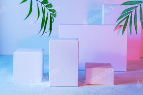 Preview: Scene with geometrical forms in neon light. Geometrical podium, pedestal empty stands