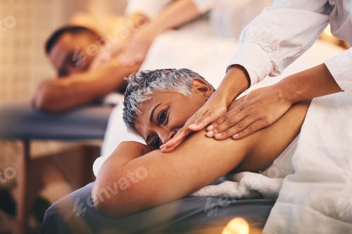 Preview: Spa, wellness and black couple getting massage to relax, enjoy romantic holiday, vacation and anniv