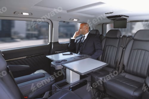 Preview: Businessman with a suit sitting inside a car looking aside