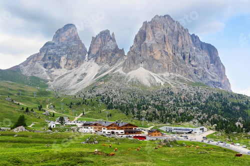 Preview: Sassolungo and Sassopiatto mountains from Alpe di Siusi or Seiser Alm, Dolomites Alps , Italy
