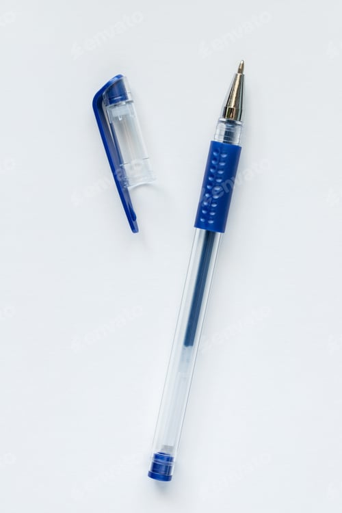 Preview: Blue gel pen with open pen cap on white background.