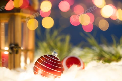 Preview: Red Christmas Ornaments and Decorative Lights Still Life