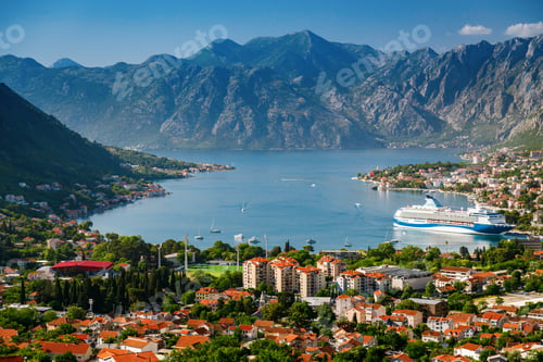 Preview: Montenegro's Kotor town and Kotor bay with big cruise ship from an aerial viewpoint