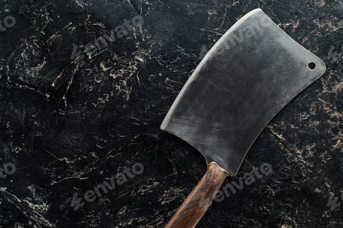Preview: Top View of Butcher Knife on Black Marble Surface