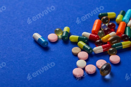 Preview: various colorful scattered medical pills on blue background