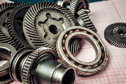 Preview: Car parts on graph paper close up. Engineering concept