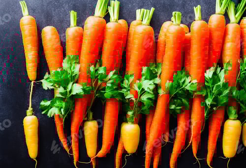 Preview: Top view of bunch of fresh organic carrots on black background