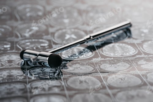 Preview: close up view of reflex hammer on x-ray picture