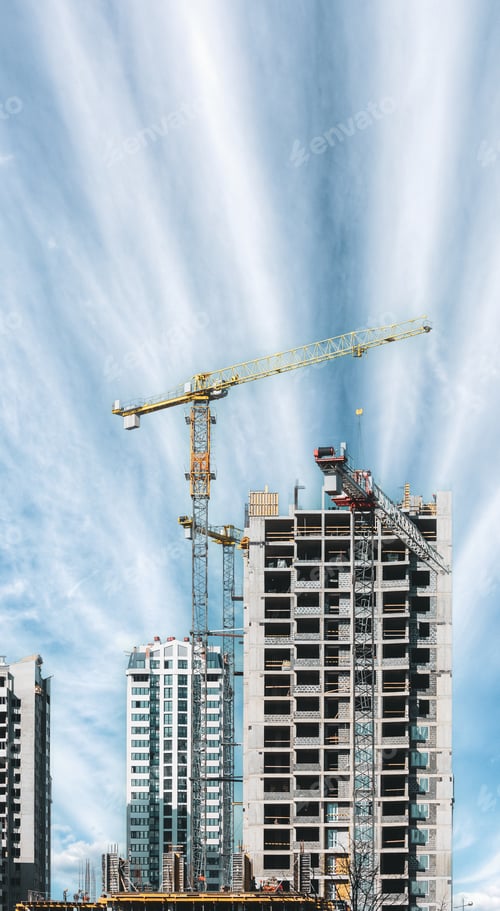Preview: Amazing Bright Blue Sky Above Construction Crane. Construction And Development Of New Multi-storey