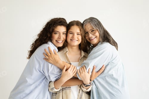 Preview: Glad adult, elderly and teenager women and girl hugging