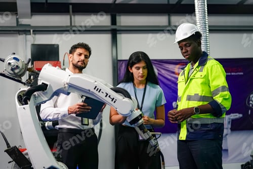 Preview: Robotic Arm engineer check on equipment in its with software of Artificial Intelligence Unit.