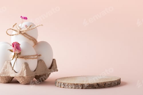Preview: Wooden podium with Easter eggs. Layout for the presentation.