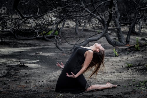 Preview: Woman posing on ground near dry trees