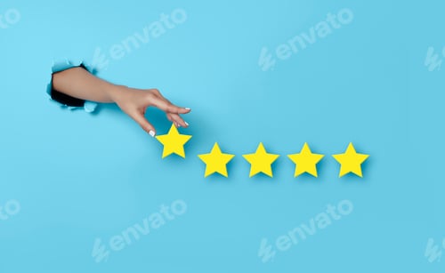 Preview: Customer Experience Woman hand vote on five star excellent rating on blue background.