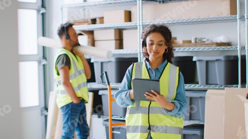 Preview: Woman Using Digital Tablet With Male Colleague With Down Syndrome In Warehouse
