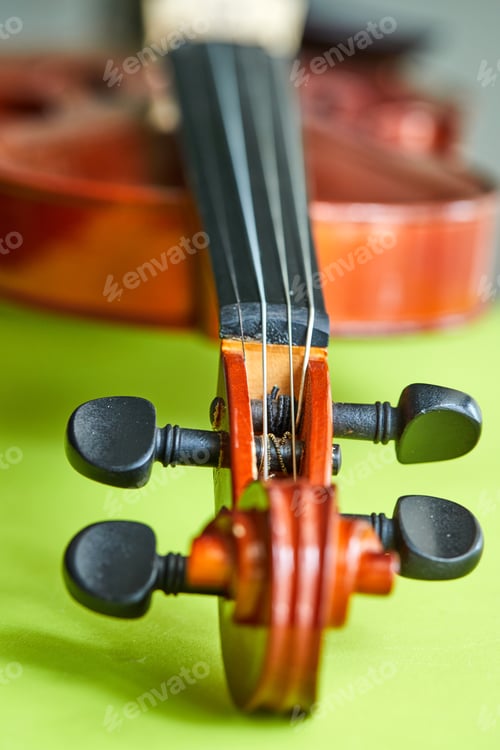 Preview: Violin on a green background, close-up.