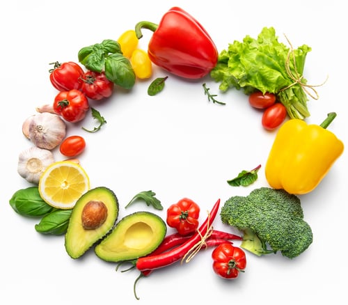 Preview: Fresh vegetables forming circle frame on white background