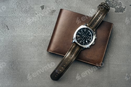 Preview: Male watch and leather wallet on dark grey surface