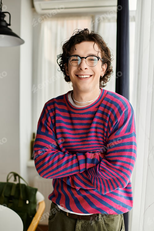 Preview: Vibrant non binary person in a modern apartment exudes joy and confidence